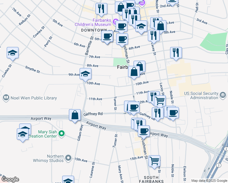 map of restaurants, bars, coffee shops, grocery stores, and more near 510d 10th Avenue in Fairbanks