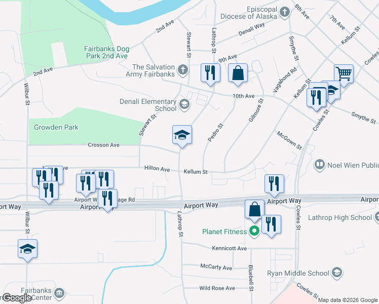 map of restaurants, bars, coffee shops, grocery stores, and more near in Fairbanks