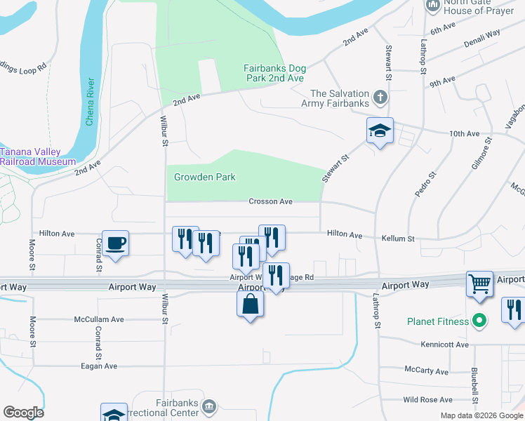map of restaurants, bars, coffee shops, grocery stores, and more near 1739 Crosson Avenue in Fairbanks