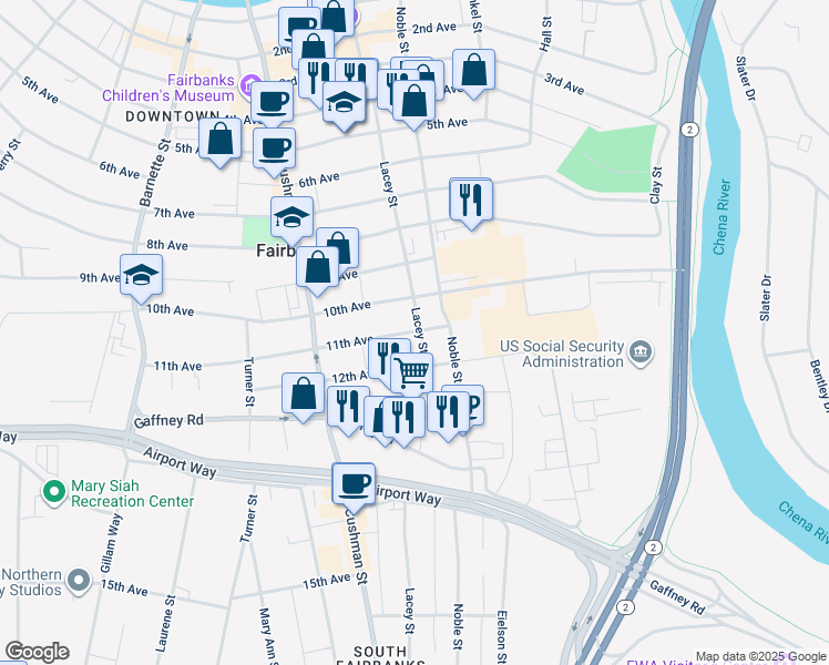 map of restaurants, bars, coffee shops, grocery stores, and more near 1101 Lacey Street in Fairbanks