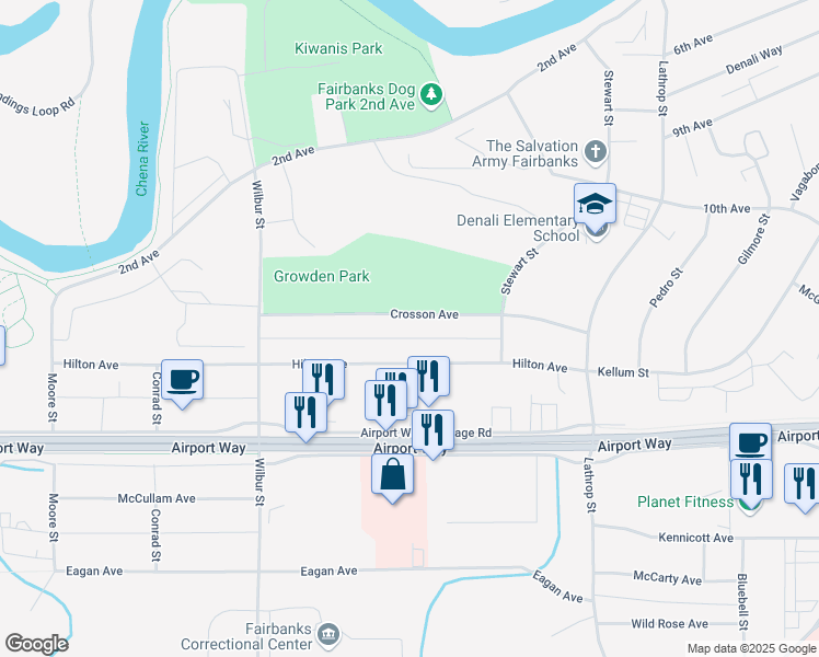 map of restaurants, bars, coffee shops, grocery stores, and more near 1739 Crosson Avenue in Fairbanks