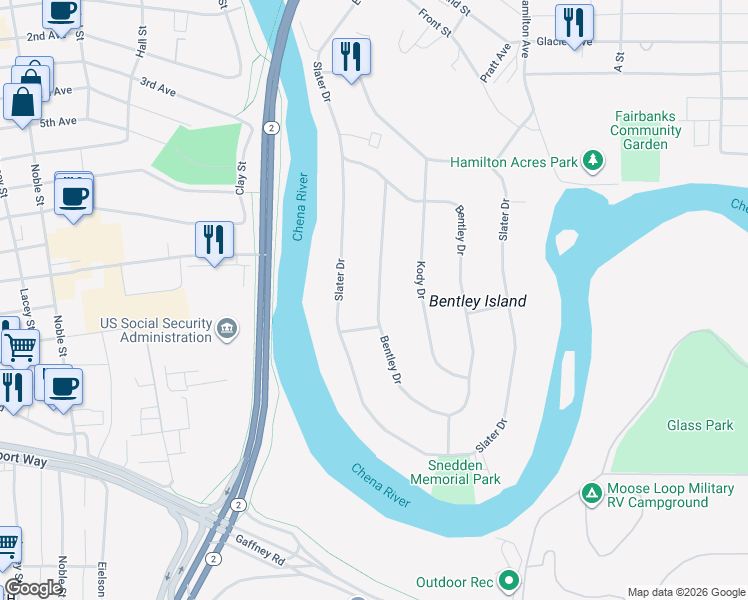 map of restaurants, bars, coffee shops, grocery stores, and more near 707 Bentley Drive in Fairbanks