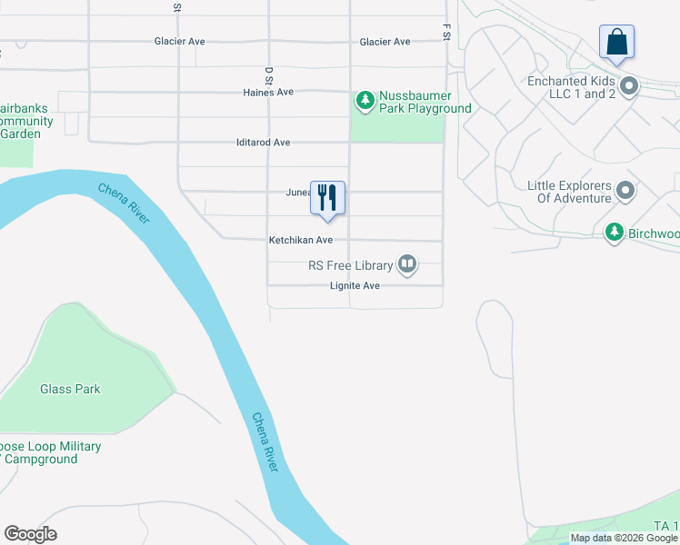 map of restaurants, bars, coffee shops, grocery stores, and more near 432 Lignite Avenue in Fairbanks