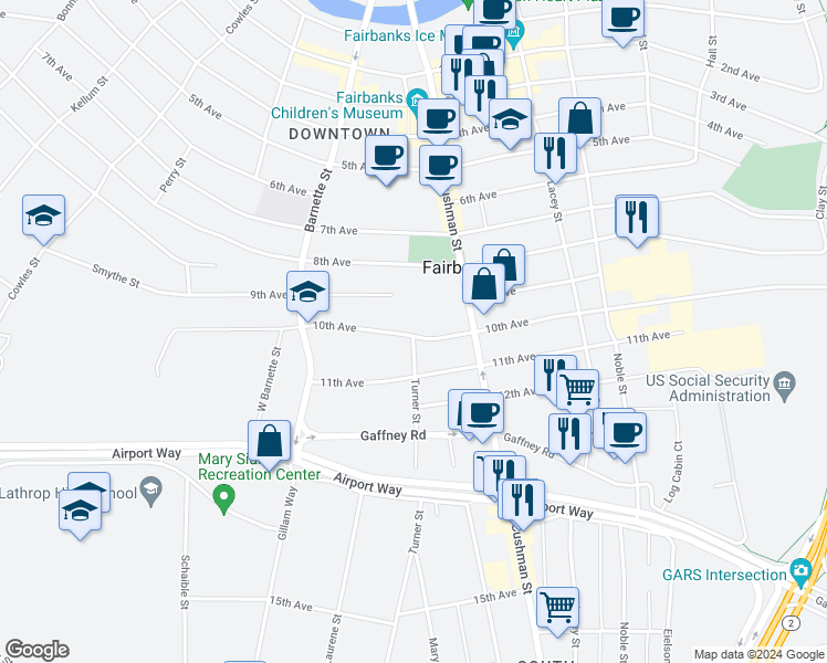 map of restaurants, bars, coffee shops, grocery stores, and more near 510d 10th Avenue in Fairbanks