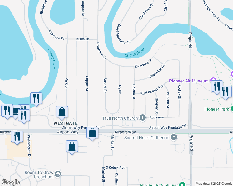 map of restaurants, bars, coffee shops, grocery stores, and more near 1152 Ivy Drive in Fairbanks