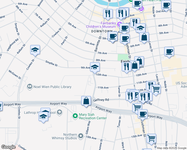 map of restaurants, bars, coffee shops, grocery stores, and more near 1000 Barnette Street in Fairbanks