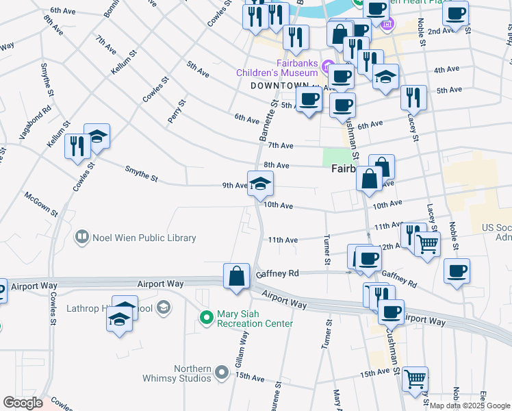 map of restaurants, bars, coffee shops, grocery stores, and more near 1000 Barnette Street in Fairbanks
