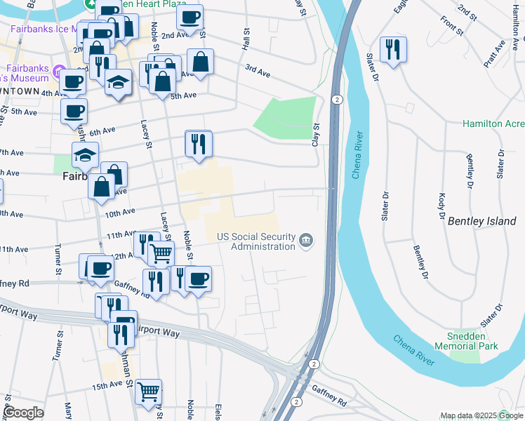 map of restaurants, bars, coffee shops, grocery stores, and more near 100 10th Avenue in Fairbanks