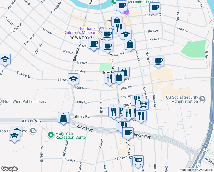 map of restaurants, bars, coffee shops, grocery stores, and more near 911 Cushman Street in Fairbanks