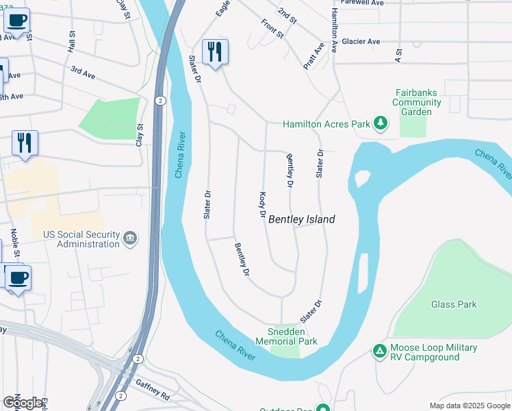 map of restaurants, bars, coffee shops, grocery stores, and more near 214 Kody Drive in Fairbanks