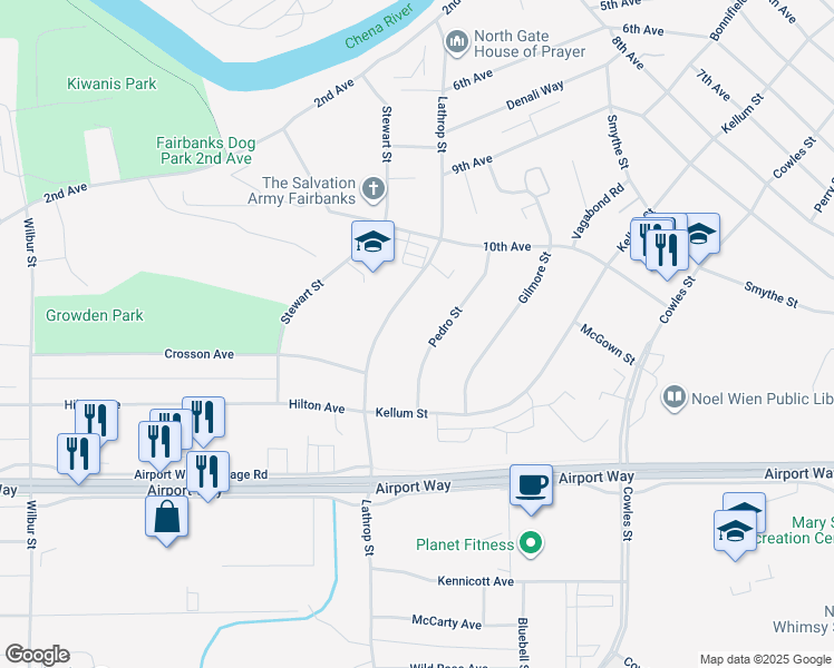 map of restaurants, bars, coffee shops, grocery stores, and more near 1030 Pedro Street in Fairbanks