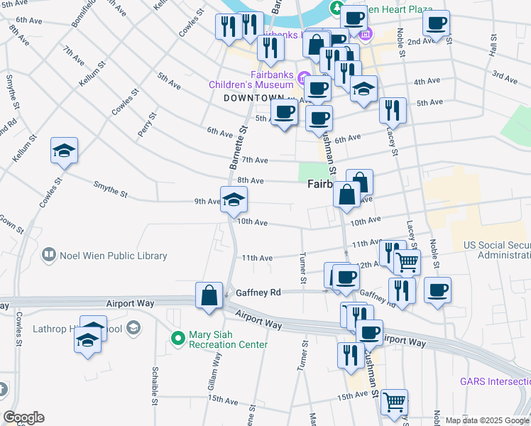 map of restaurants, bars, coffee shops, grocery stores, and more near 665 10th Avenue in Fairbanks