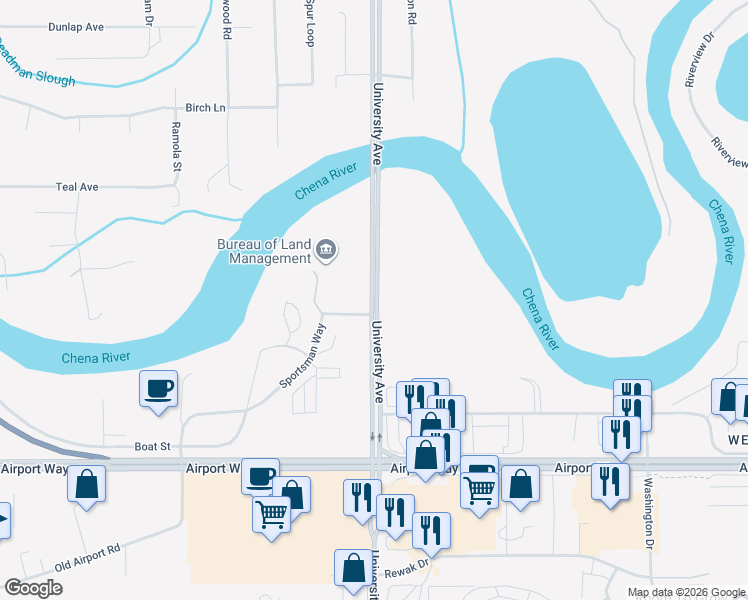 map of restaurants, bars, coffee shops, grocery stores, and more near 216 University Avenue in Fairbanks