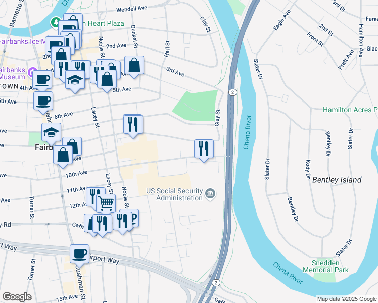 map of restaurants, bars, coffee shops, grocery stores, and more near 136 8th Avenue in Fairbanks