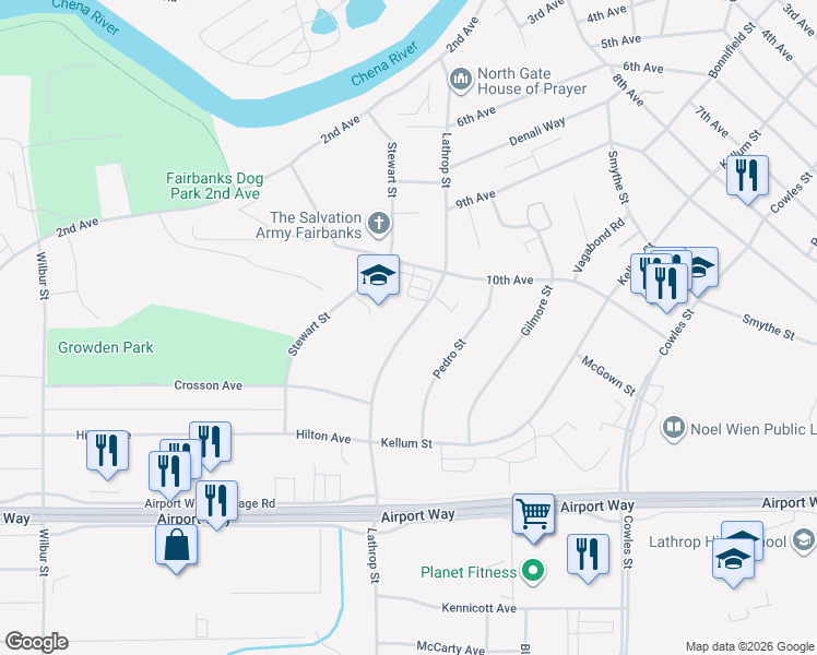 map of restaurants, bars, coffee shops, grocery stores, and more near 1042 Lathrop Street in Fairbanks