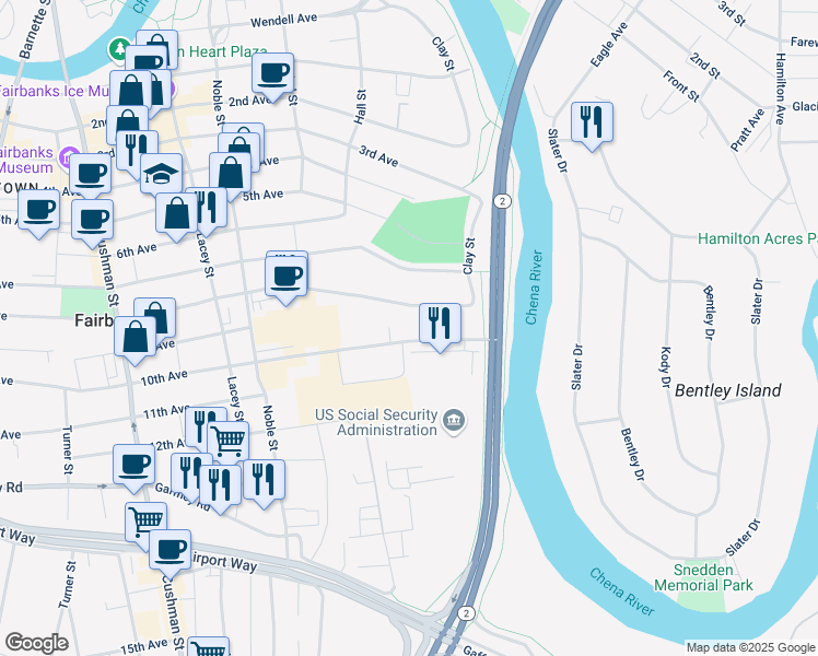 map of restaurants, bars, coffee shops, grocery stores, and more near 136 8th Avenue in Fairbanks