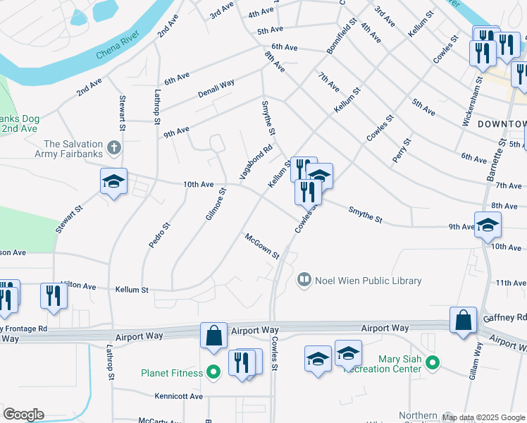 map of restaurants, bars, coffee shops, grocery stores, and more near 1002 10th Avenue in Fairbanks