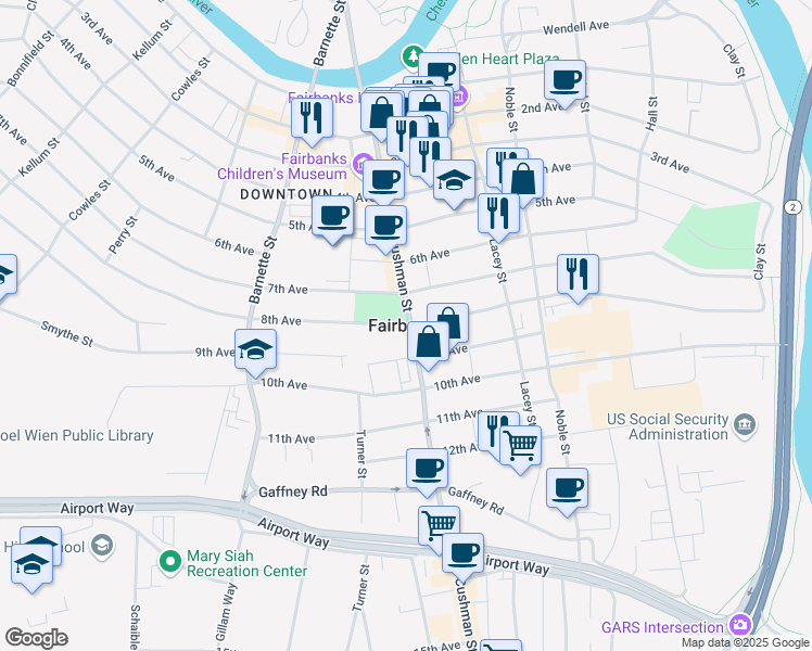 map of restaurants, bars, coffee shops, grocery stores, and more near 8th Avenue in Fairbanks