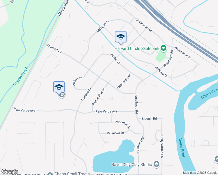 map of restaurants, bars, coffee shops, grocery stores, and more near 82 Pepperdine Drive in Fairbanks