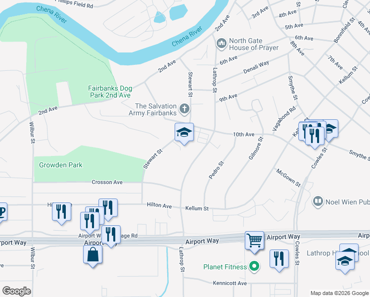 map of restaurants, bars, coffee shops, grocery stores, and more near 1042 Lathrop Street in Fairbanks