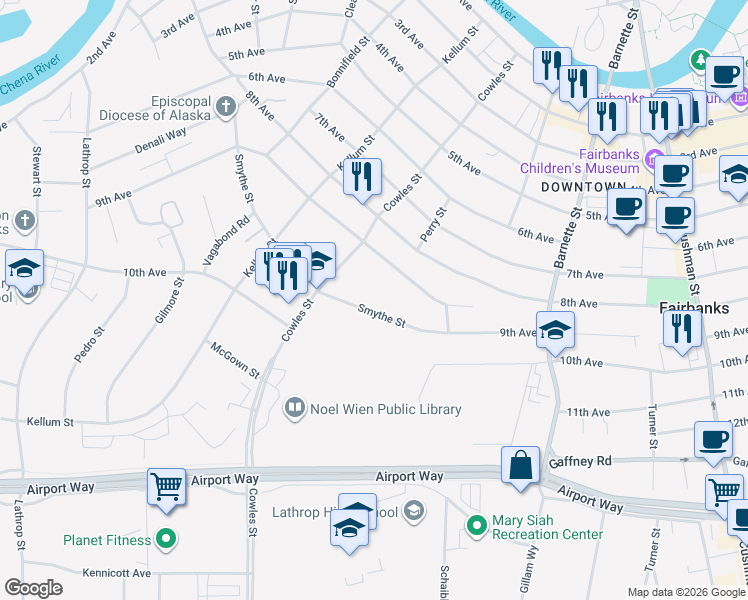 map of restaurants, bars, coffee shops, grocery stores, and more near 845 9th Avenue in Fairbanks