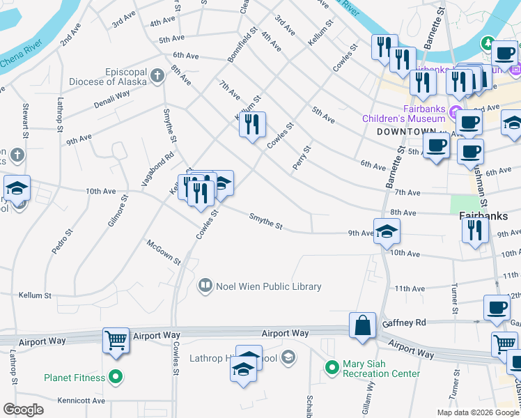 map of restaurants, bars, coffee shops, grocery stores, and more near 845 9th Avenue in Fairbanks