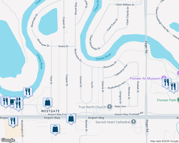 map of restaurants, bars, coffee shops, grocery stores, and more near 2935 Riverview Drive in Fairbanks