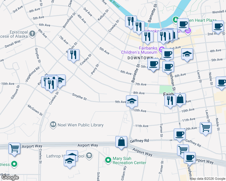 map of restaurants, bars, coffee shops, grocery stores, and more near 741 8th Avenue in Fairbanks