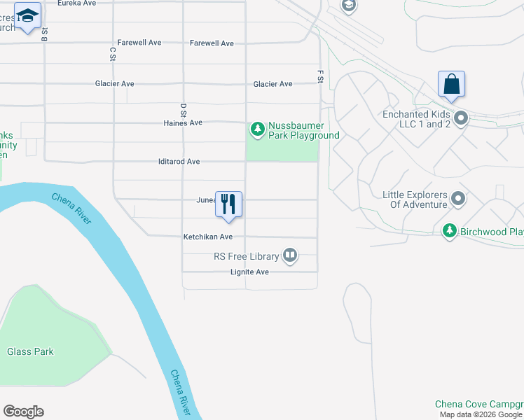 map of restaurants, bars, coffee shops, grocery stores, and more near 506 Juneau Avenue in Fairbanks