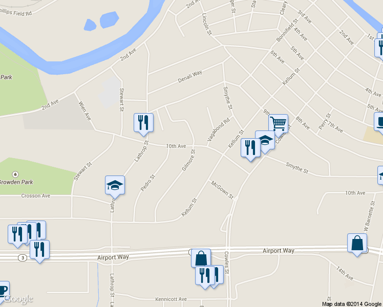 map of restaurants, bars, coffee shops, grocery stores, and more near 1002 Gilmore St in Fairbanks
