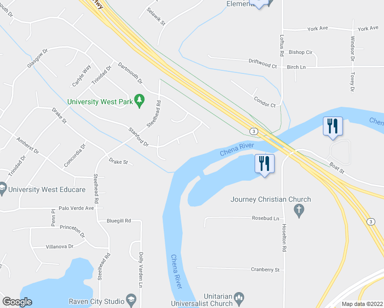 map of restaurants, bars, coffee shops, grocery stores, and more near 108 Duke Way in Fairbanks