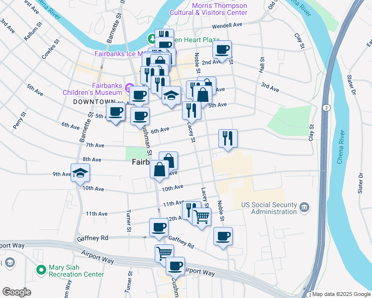 map of restaurants, bars, coffee shops, grocery stores, and more near 506 8th Avenue in Fairbanks