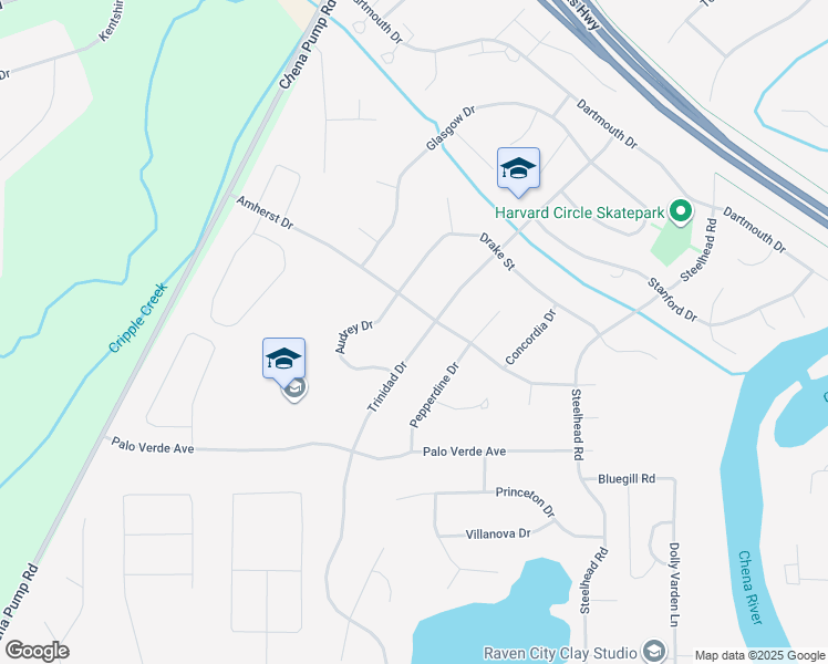 map of restaurants, bars, coffee shops, grocery stores, and more near 92 Trinidad Drive in Fairbanks