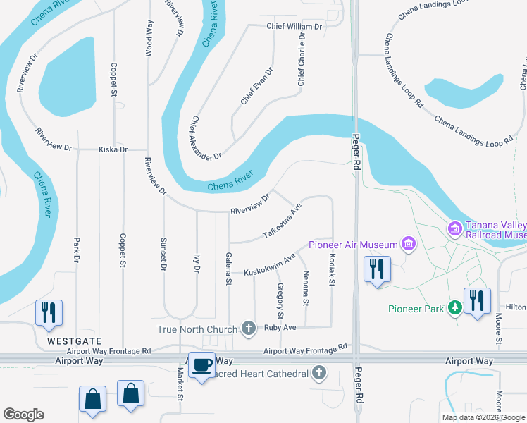 map of restaurants, bars, coffee shops, grocery stores, and more near 2727 Riverview Drive in Fairbanks