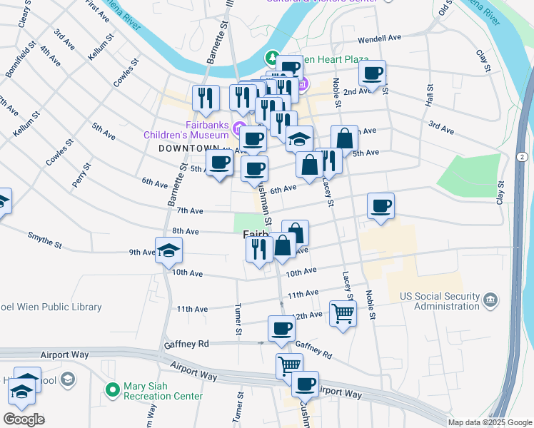 map of restaurants, bars, coffee shops, grocery stores, and more near 698 Cushman Street in Fairbanks