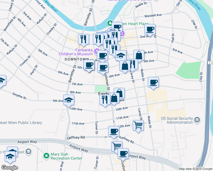 map of restaurants, bars, coffee shops, grocery stores, and more near 701 Cushman Street in Fairbanks