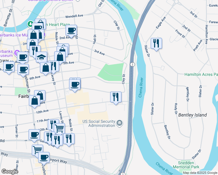 map of restaurants, bars, coffee shops, grocery stores, and more near 136 8th Avenue in Fairbanks