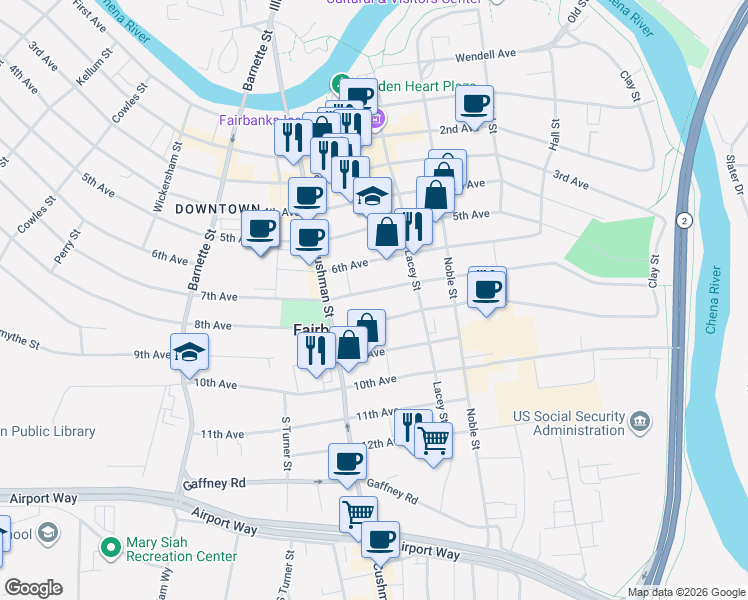 map of restaurants, bars, coffee shops, grocery stores, and more near 535 7th Avenue in Fairbanks