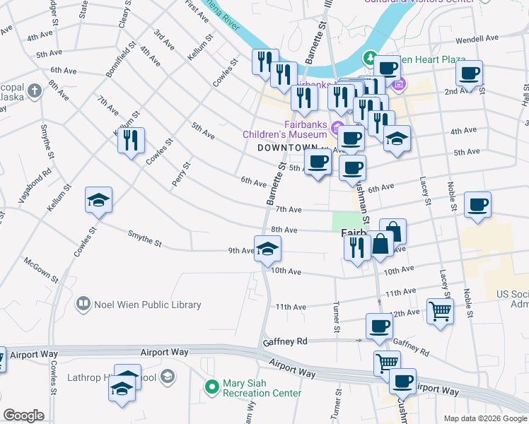 map of restaurants, bars, coffee shops, grocery stores, and more near 703 7th Avenue in Fairbanks