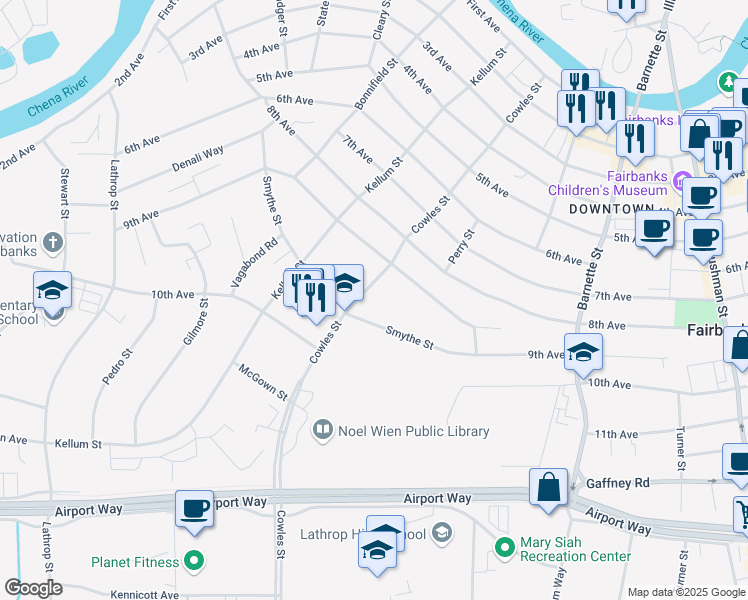 map of restaurants, bars, coffee shops, grocery stores, and more near 933 Cowles Street in Fairbanks