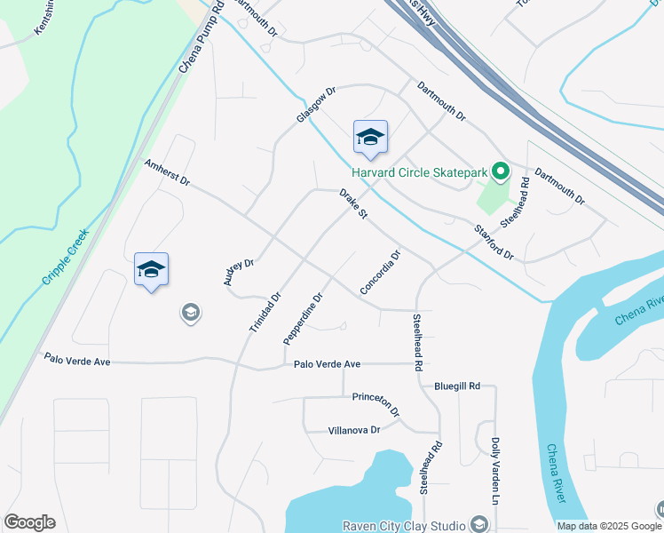map of restaurants, bars, coffee shops, grocery stores, and more near 101 Pepperdine Drive in Fairbanks
