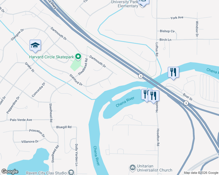 map of restaurants, bars, coffee shops, grocery stores, and more near 117 Brigham Way in Fairbanks