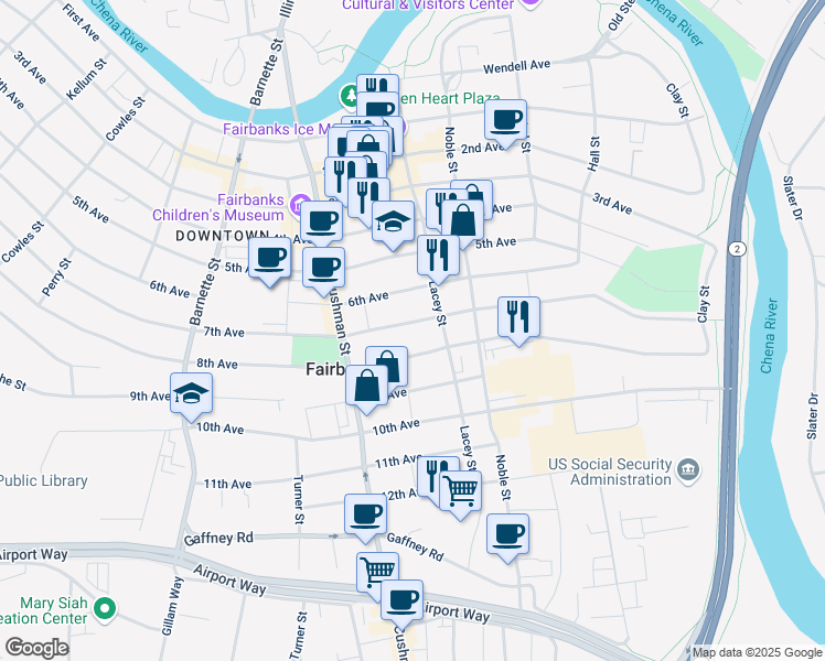 map of restaurants, bars, coffee shops, grocery stores, and more near 506 8th Avenue in Fairbanks