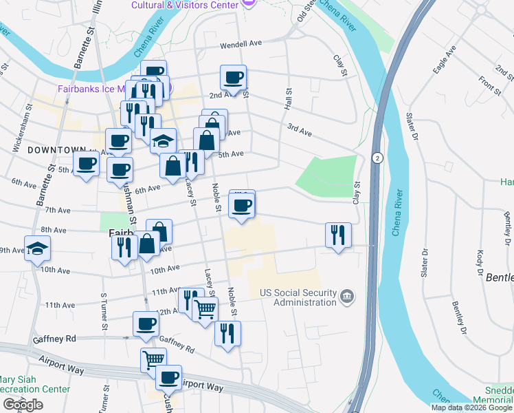 map of restaurants, bars, coffee shops, grocery stores, and more near 301 7th Avenue in Fairbanks