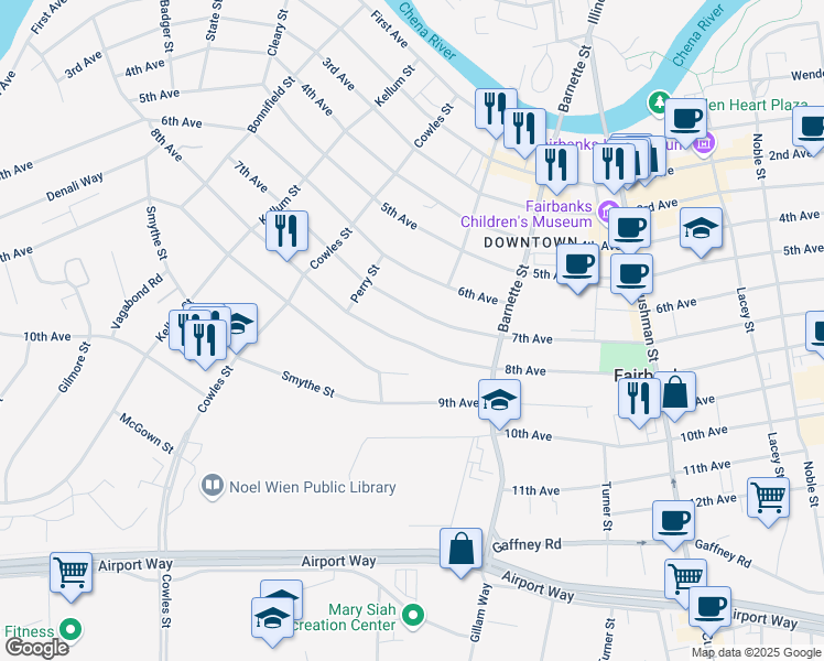 map of restaurants, bars, coffee shops, grocery stores, and more near 760 8th Avenue in Fairbanks