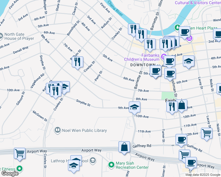 map of restaurants, bars, coffee shops, grocery stores, and more near 755 8th Avenue in Fairbanks