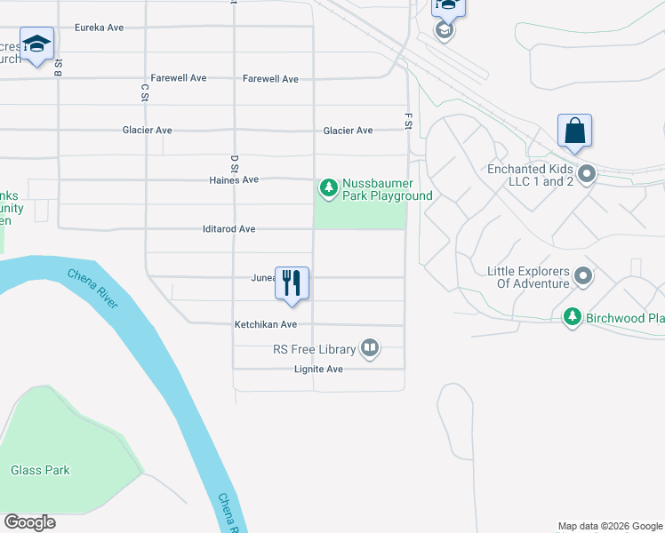 map of restaurants, bars, coffee shops, grocery stores, and more near 506 Juneau Avenue in Fairbanks