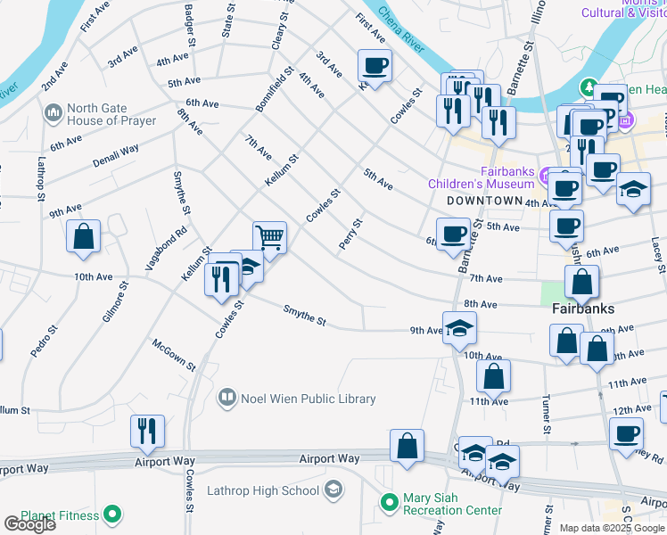 map of restaurants, bars, coffee shops, grocery stores, and more near 823 9th Avenue in Fairbanks