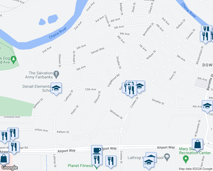 map of restaurants, bars, coffee shops, grocery stores, and more near 960 Vagabond Road in Fairbanks