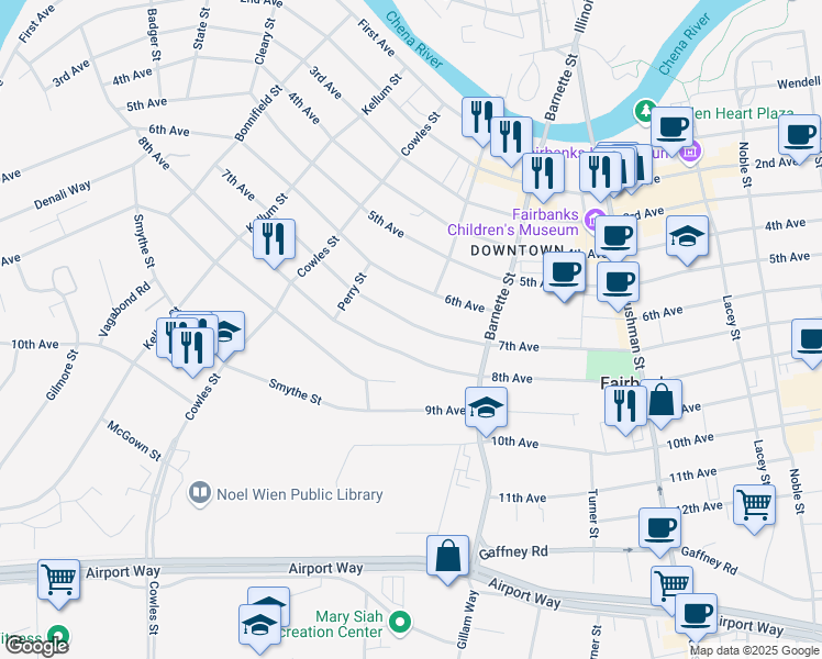 map of restaurants, bars, coffee shops, grocery stores, and more near 755 8th Avenue in Fairbanks